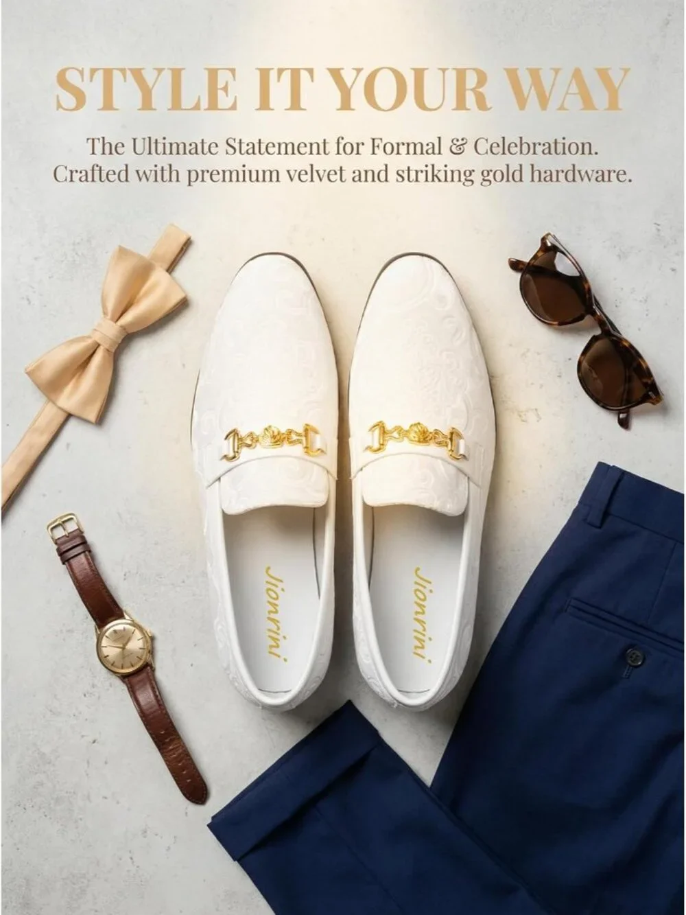 Men's White Luxury Paisley Velvet Gold Buckle Loafers Slip On Dress Shoes